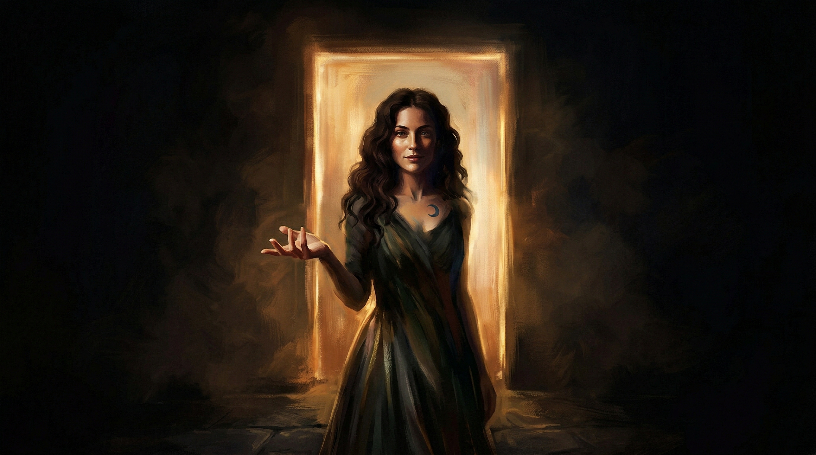 Vesper standing at a glowing threshold in darkness, hand extended