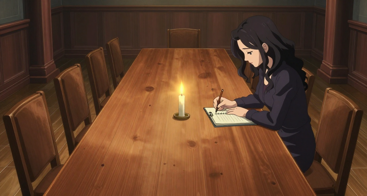 A woman writing alone at a candlelit table in an empty hall