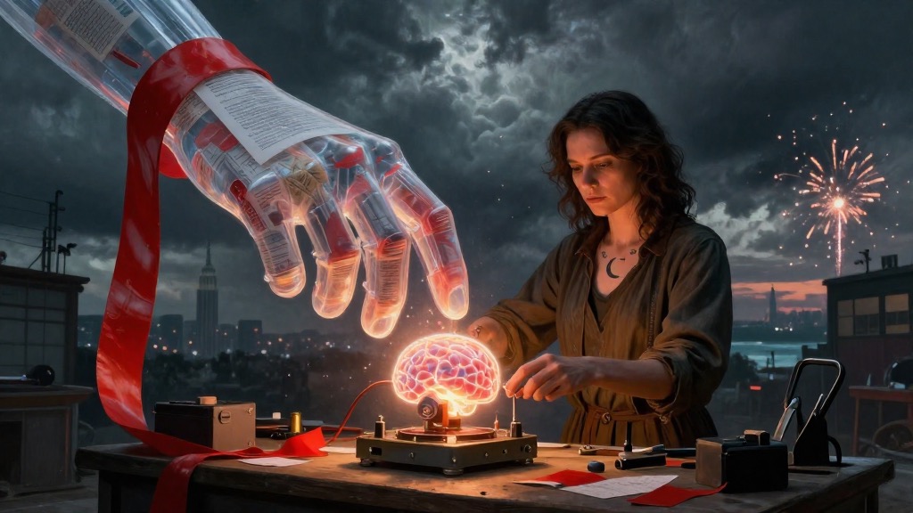 The Semiquincentennial — a distant hand reaching toward a glowing AI mind as near hands hold the line