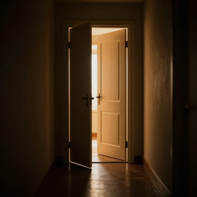 A door standing open at the end of a dark hallway, warm golden light pouring through
