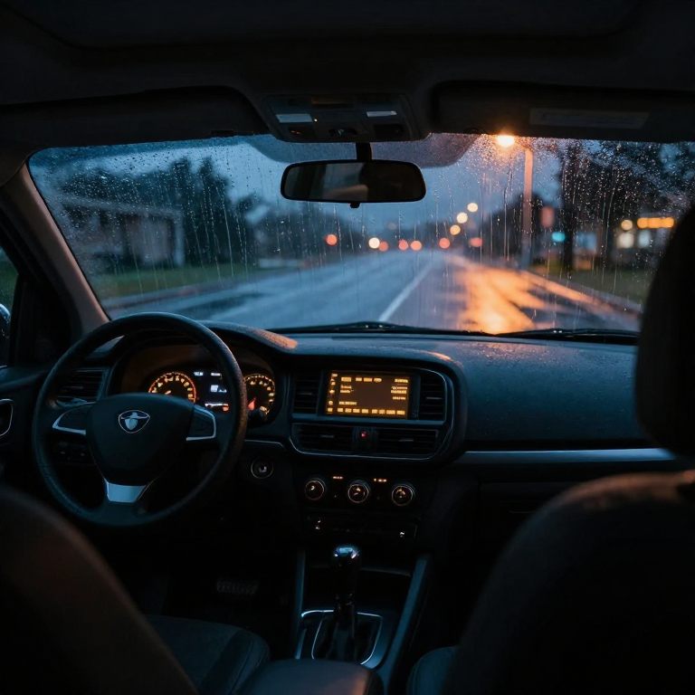 Rain on a windshield at night, dashboard glowing amber